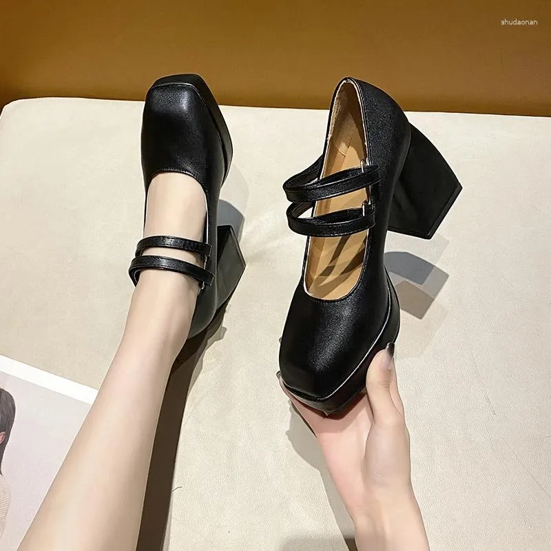 Dress Shoes For Women 2024 Slip On Women's Pumps Autumn Mary Jane Square Toe Solid Shallow Mouth High Heels Water Proof Ladies