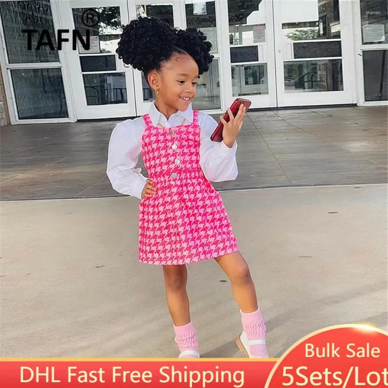 Girl Dresses 5Sets Bulk Wholesale Princess Pink Dress Set Lantern Sleeves Shirt Plaid Vest Skirt 3 Piece Autumn Girls Casual Outfits M639