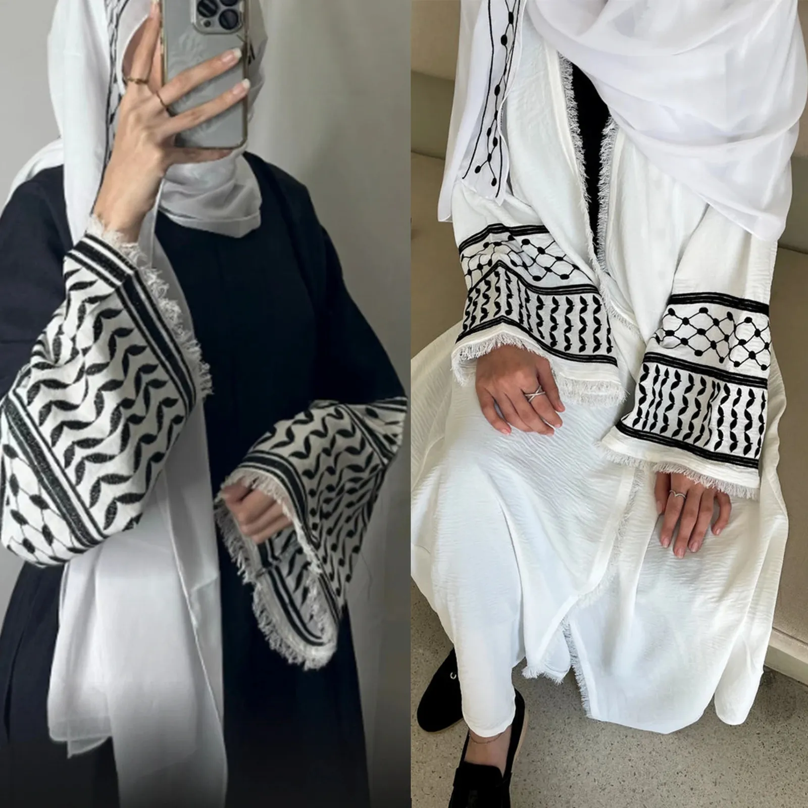 Rynka mjuk crepe broderi muslimsk kefiyyeh abaya ramadan tassel dubai kvinnor klänning blygsamma islamiska kläder 240419