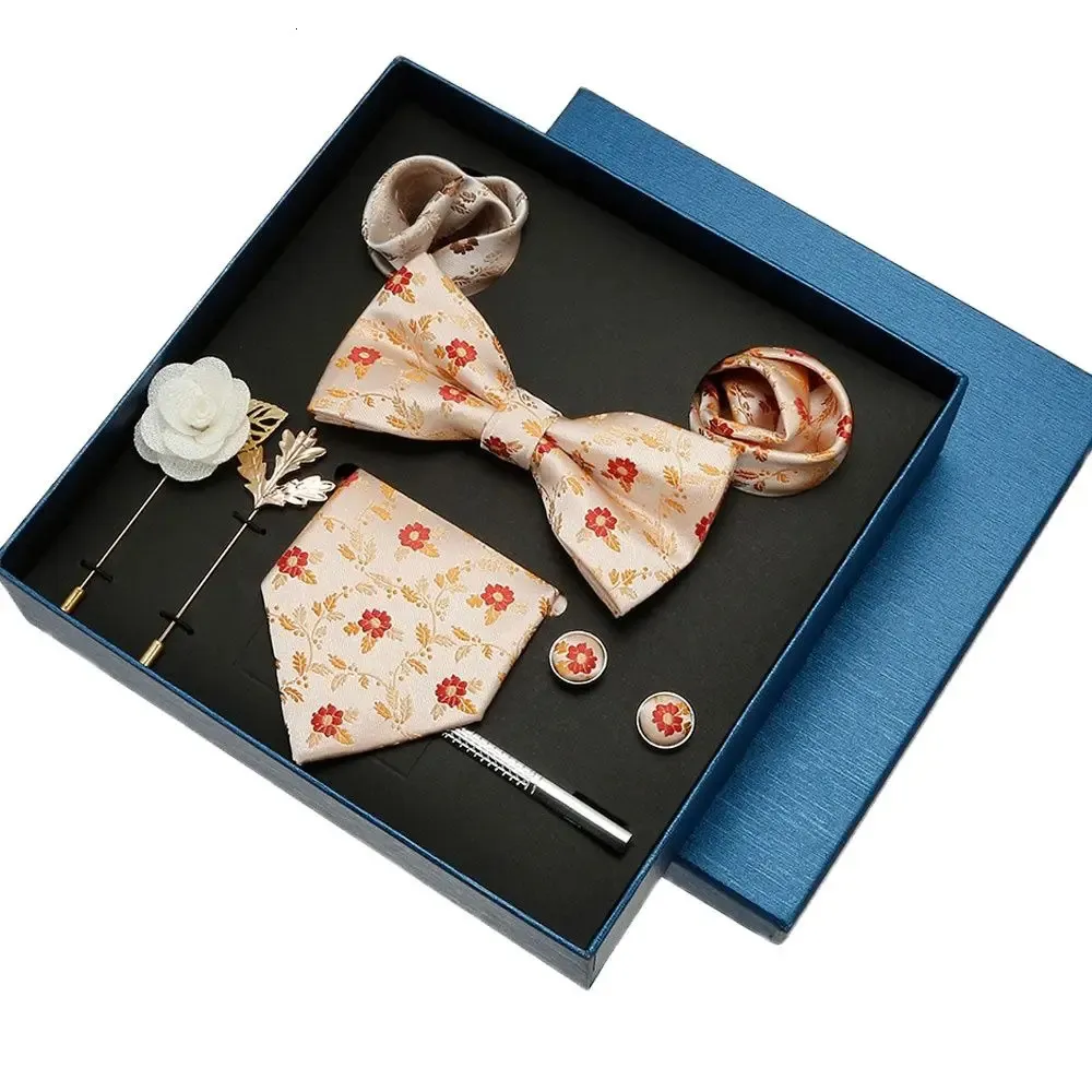 Accessori per uomini della moda cravatta set regalo da regalo di seta set da tasca a bowtie con gemelli clip da uomo di lusso set di fazzoletti da uomo 240412