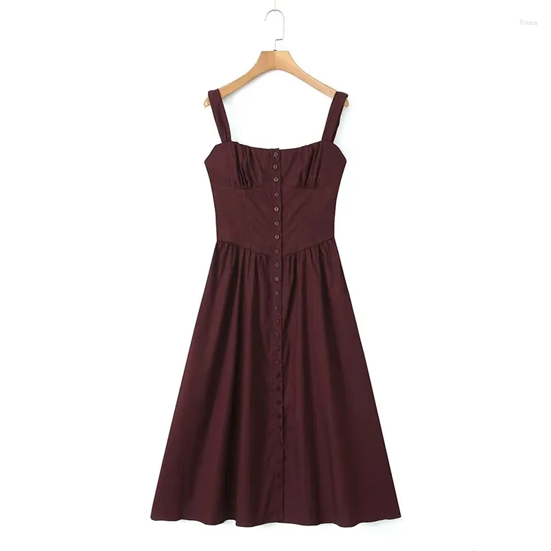 Casual Dresses Yenkye Summer Women Elegant 2024 Brown Spaghetti Strap Birthday Party Dress Front Button Up A Line Midi Robe