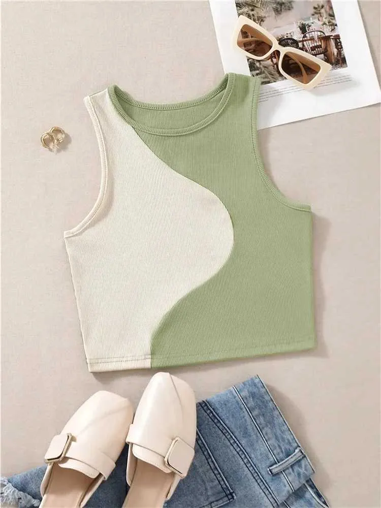 Kobiety dla kobiet Camis damskie urocze preppy w stylu patchwork Top Top Summer Crewneck Slveless Bodycon Tops Y2K Ubrania Strtwear Baby T Vest Y240420