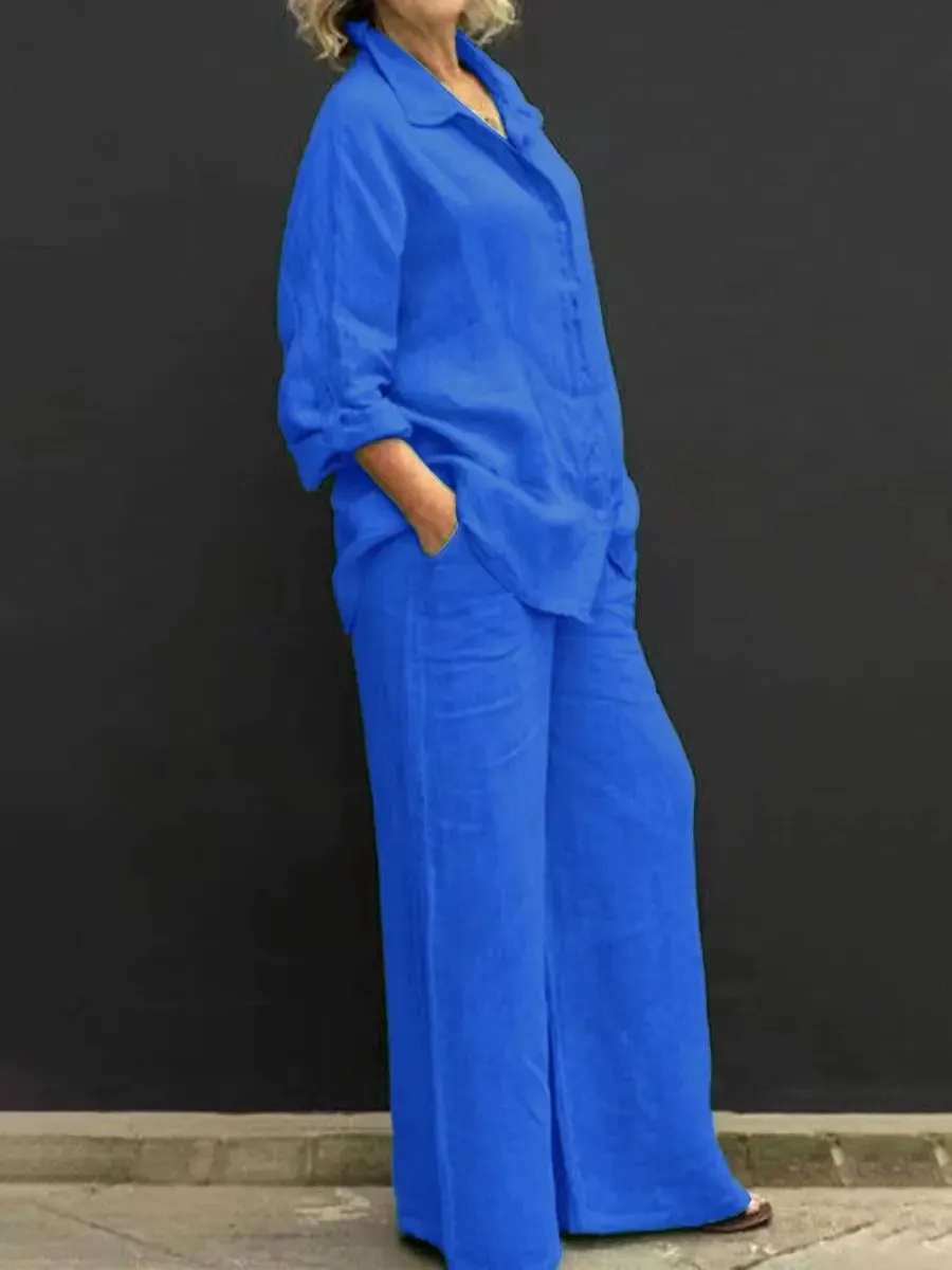 Kobiety lniane swobodne koszula 2 -częściowe modne klapy Bluzka z guzikami i spodni Outfits luźne spodnie na nogi garnitury 240419