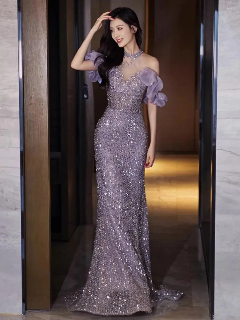 Party Dresses Purple Sequin Evening Dress Women Hanging Neck Off The Shoulder Fishtail Prom Gown Elegant Modern Applique Cocktail