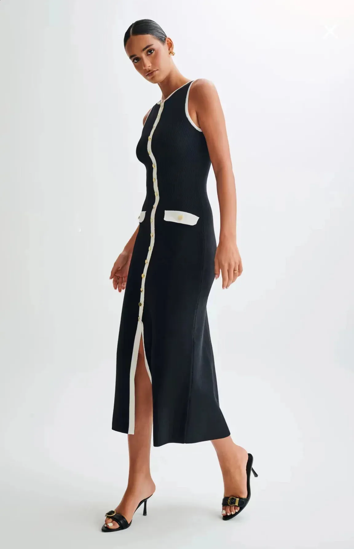 Elegant Black Knitted Summer Embellished Maxi Dress for Women - Long Sleeved, Slingveless, Single Chest Tight Fitting, Perfect for Office and Street