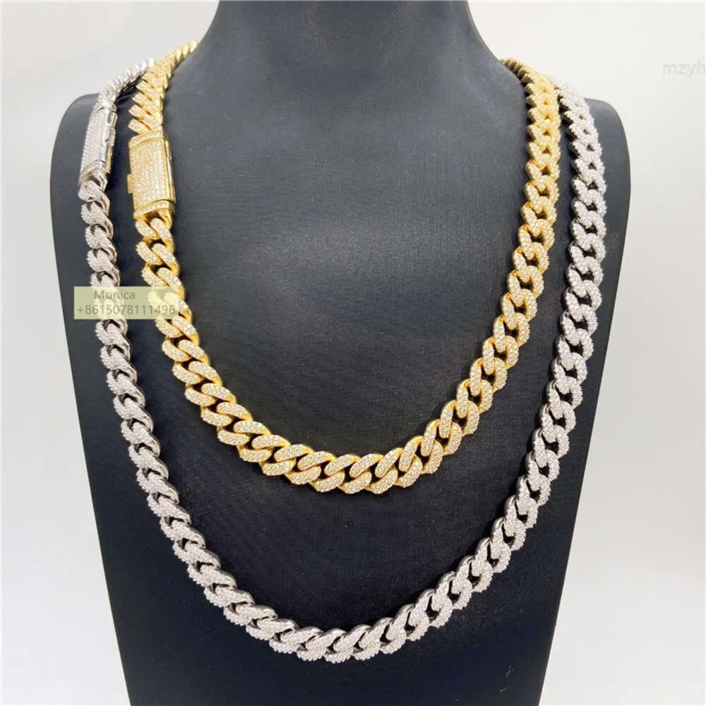 10mm Hip Hop Jewelry Real Gold Plating Trendy 925 Solid Silver Necklace Moissanite Cuban Link Chain Iced Out