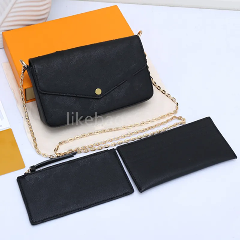 Classic High quality fashion designer bag with box 3 PCS women pochette real leather purse handbag crossbody messenger chain clutch tote shoulder bags card wallet
