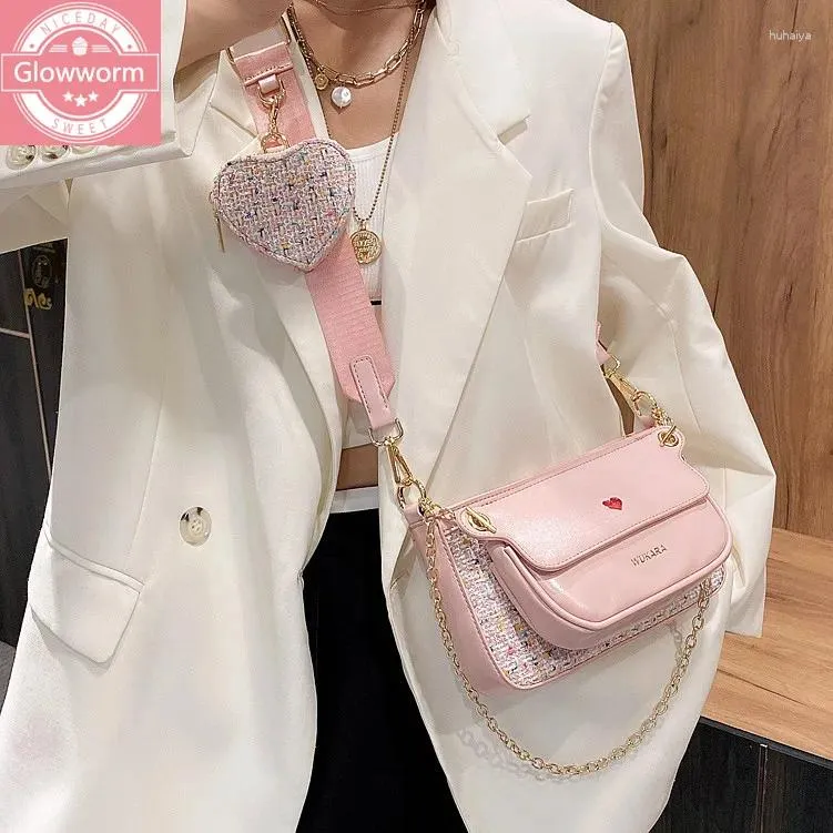 Bag Luxury Heart 2 PCS/Set Women Shoulder Bags Fashion Chain Wide Strap Crossbody Messenger Purse Solid Color