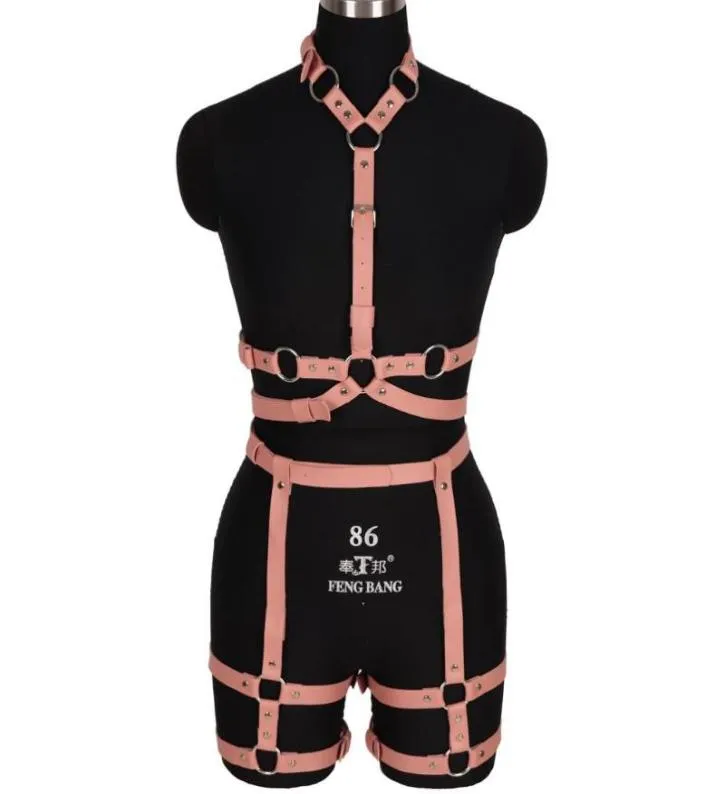 Belts Goth Pink Leather Harness Ring Bondage Waist Dance Rave Full Body Garter Belt Sexy Cage Bra Lingerie Suspender Shapewear1046182