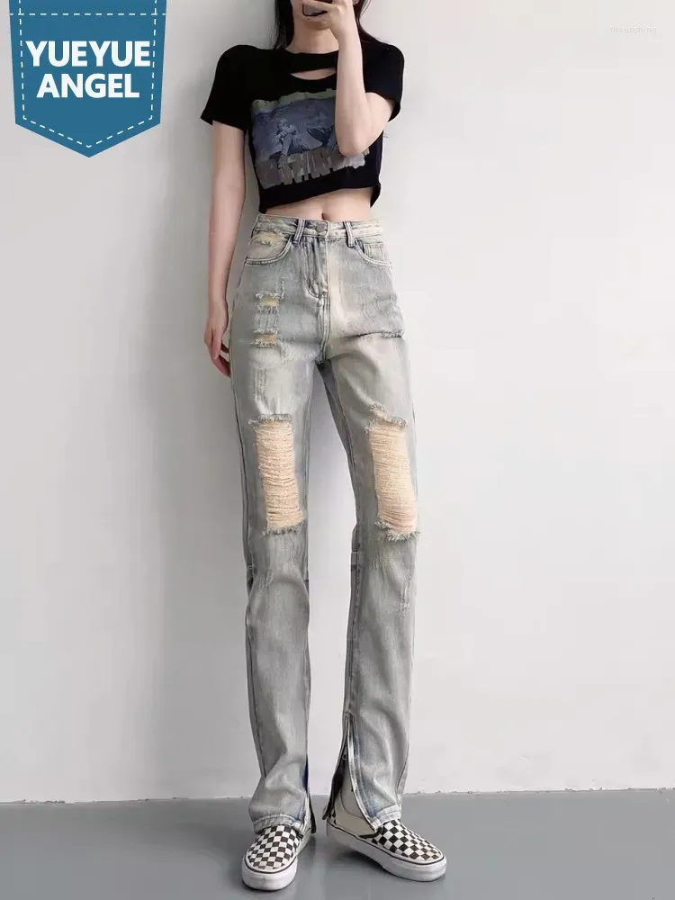 Jeans para mujeres Pantalones rectos de cintura alta para mujeres Mujeres Sexy Slim Fit Hole Reped Vintage Diseño Spring Summer Casual Deven Pants