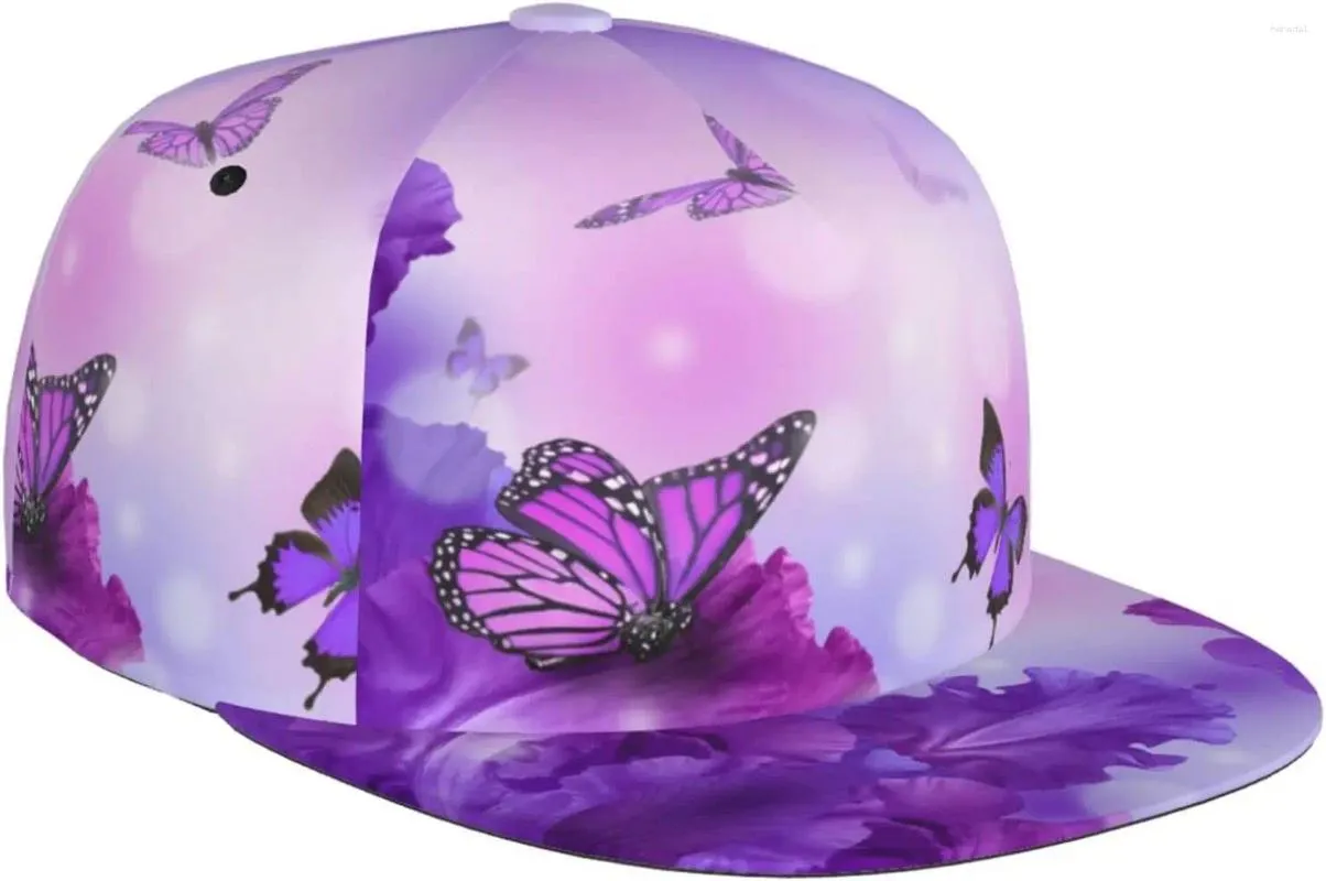 Tappi a sfera Butterfly su fiori viola pattern Flat Bill Hat UNISEX Snapback Cappellino da baseball Visor Visor Blank Regolabile