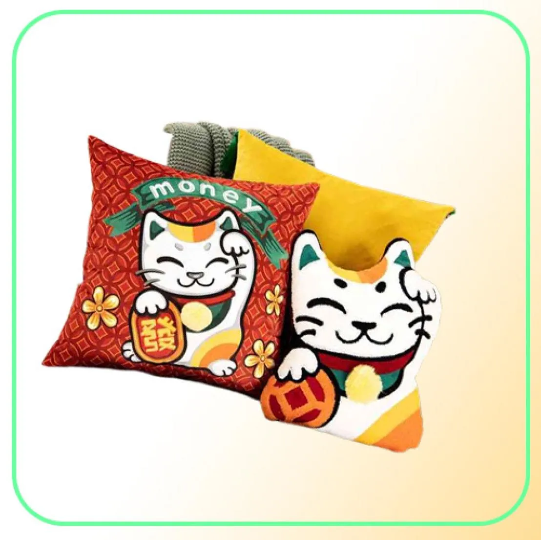 Kinesisk nyår Lucky Cat Dollar Cat Throw Pillow Case Cover Velvet Money CUSHION COVER 45x45cm Hemdekoration Zip Open 2104011965831