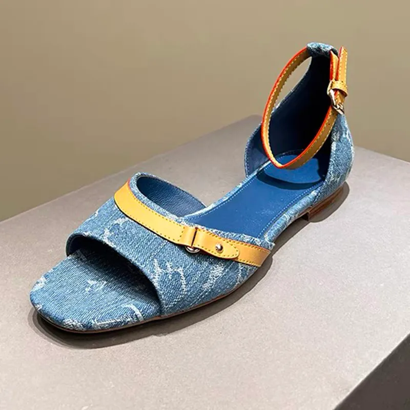 Mules Designer Women Denim Blue Slipper Canvasフラットローヒールバレエフラットラムスキンサンダルビンテージハイヒール5cmラムシンカジュアルスライドレザーアウトソール100％