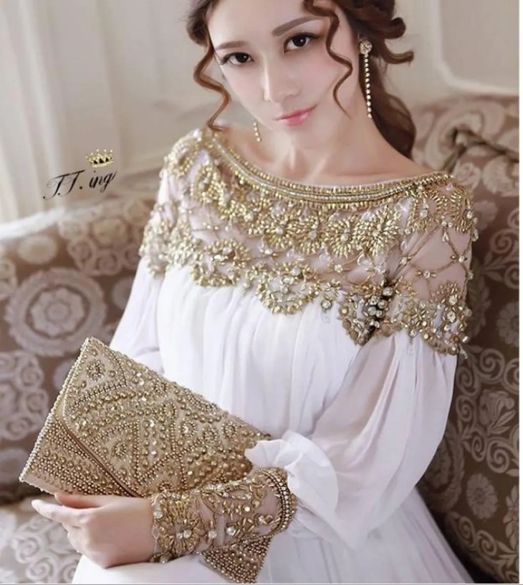 Kaftan Evening Dresses Golden Beads Prom Gowns With A Line Crystal Crew Neck Long Sleeves Elegant Formal Arabic Vestidos Party Dre2519278