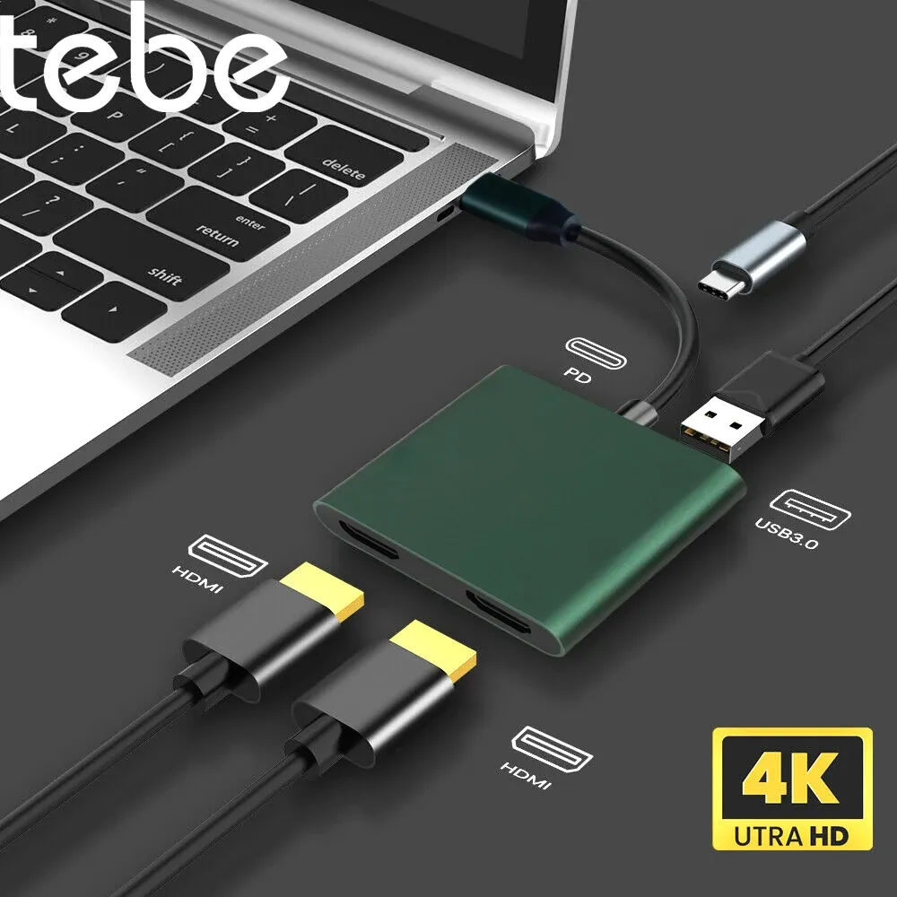 Hubs Tebe MST TypeC to Hdmicompatible Hub 2/3/4 em 1 USB C a Dual 4K HDMI USB PD Charging Fast para MacBook Dell Nintendo Asus