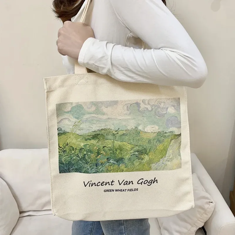 Buckets Extra Thick Canvas Female Shoulder Bag Van Gogh Morris Vintage Oil Painting Zipper Books Handbag Large Tote For Women Shopping