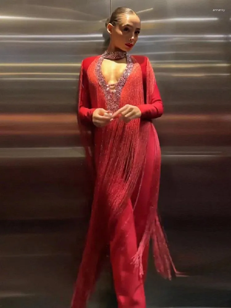 Casual Dresses 2024 Red V-neck Slim Fringed Bandage Dress