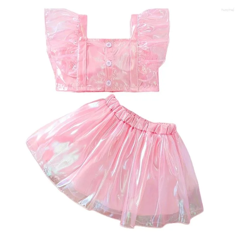 Kleidungssets Sommer Kindermädchen Outfit Feste Farbhülle und elastische Taillenröcke rosa Kleidung Set