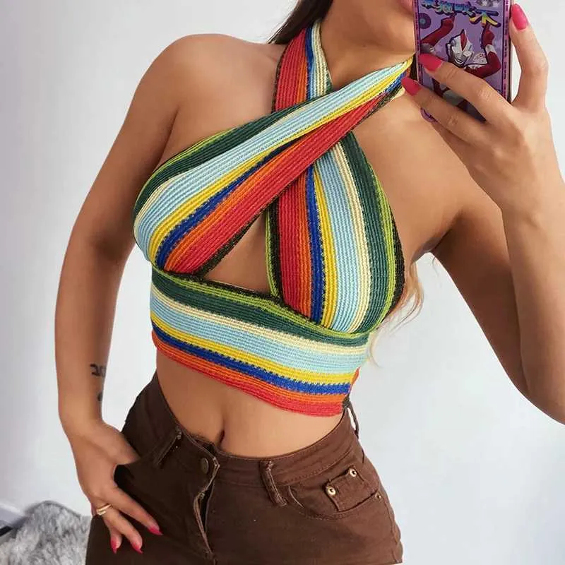 Tanks de femmes Camis Femmes Sexy Cross Bandage coloré halte de tricot coloré sans dossier nu
