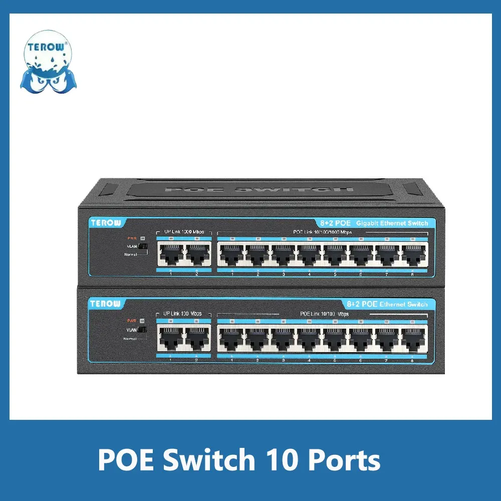 Routrar Terow Poe Switch 10 Ports 100/1000 Mbps Gigabit Switch Fast Network Ethernet Switch för WiFi Router IP Camera Wireless AP