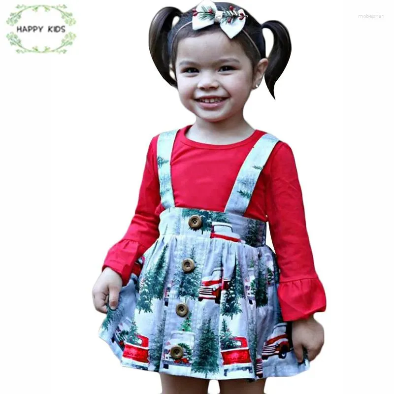 Ensembles de vêtements Robe de Noël 2024 Spring Automne Girl Girl Sleeve Shirt Red Cartoon Car Suspender Jirt Girls Clothes Set Doz457