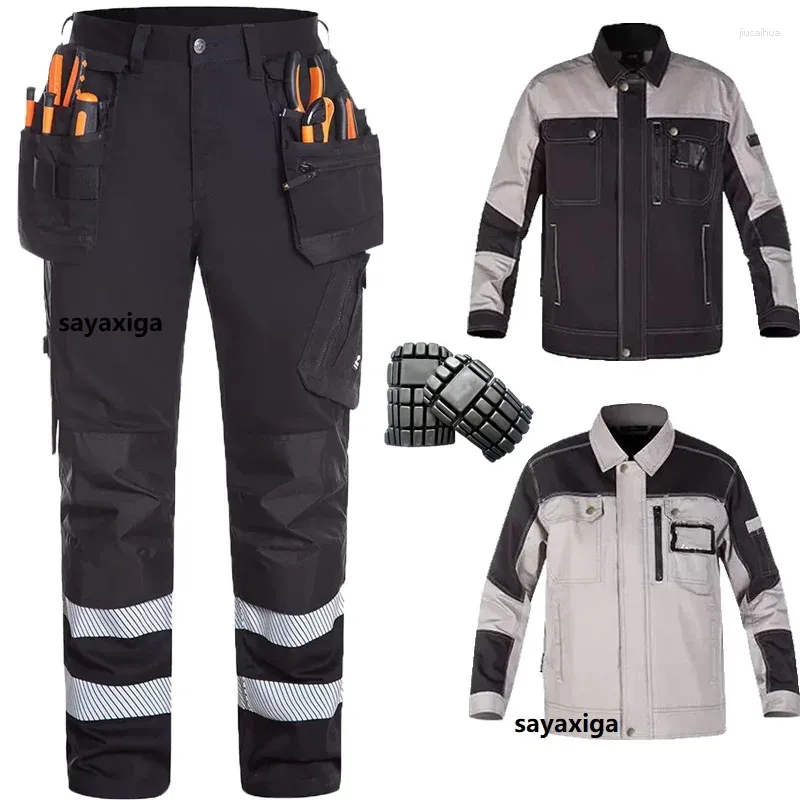 Pantalon pour hommes coton cargo tampon de genou masculin travailant pantalon pantalon de sécurité réfléchie salut vis électrique mécanicien de travail jacket