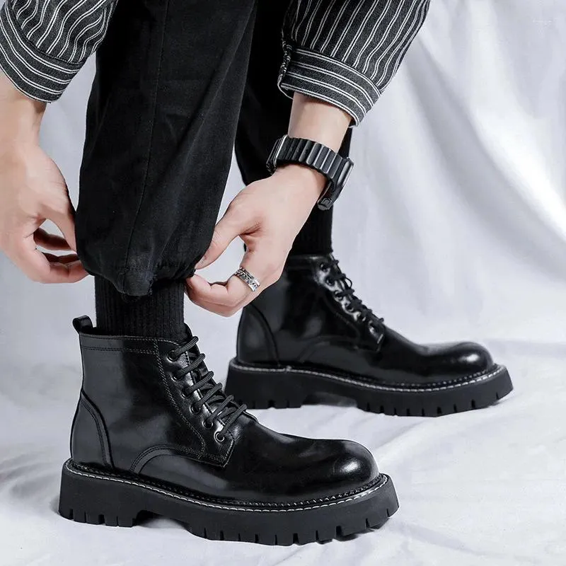 Boots England Style Mens Casual Natural Leather Lace-Up Platform Shoes Business Office Dresses Cowboy Ankle Boot Short Botas Man