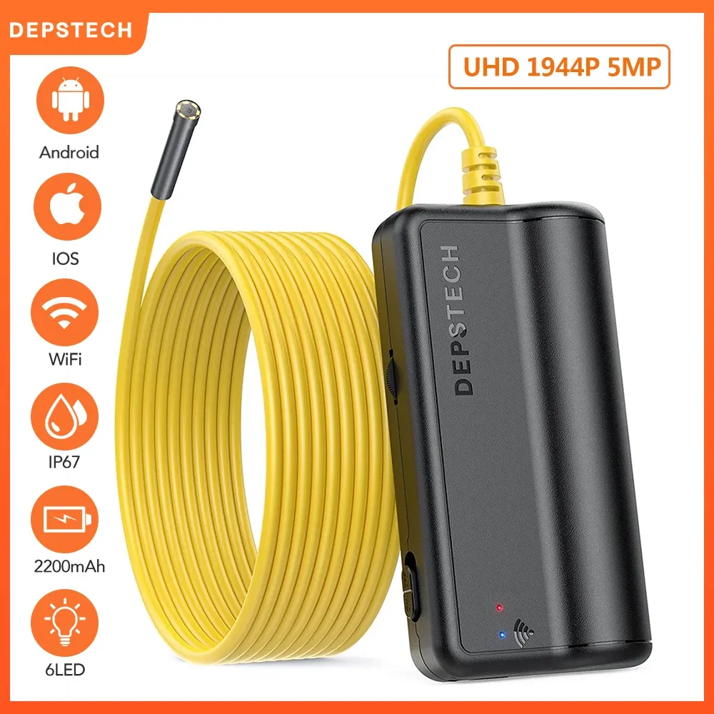 Caméras Depstech 5MP Endoscope Camera pour les voitures 1944p Caméra endoscopique HD pour Android ISO Mobile Wireless IP67 Inspection Camera