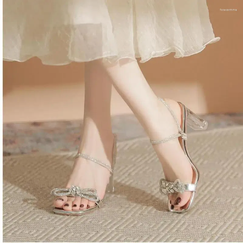 Sandaler Storlek 30-44 Square Toe Chunky Heel Women Transparent High Open Summer Two-Wearing Gold Silver Heels