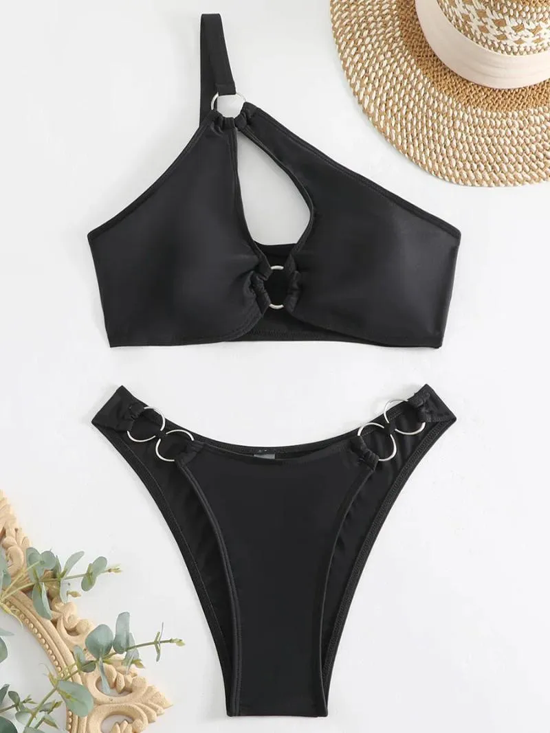 Women's Swimwear Asymmetric One Shoulder Hollow Out Bikini Women Female Swimsuit Two-pieces Set High Cut Bather Bathing Suit Swim