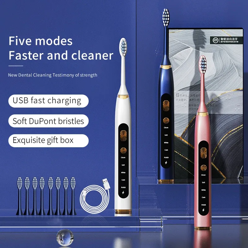 Heads Electric Toothbrush Sonic USB Rechargeable 5 Mode Adult Waterproof Tooth Brushes Replacement Heads Set