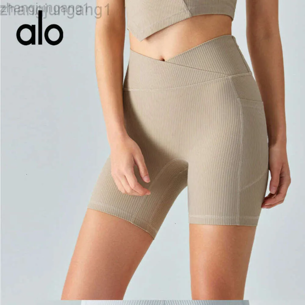 Desginer aloe yogakvinna byxa topp kvinnor ribbade hög midja shorts kvinnor dubbel ficka fitness kvartal tätt snabbtorkande cykelbyxor