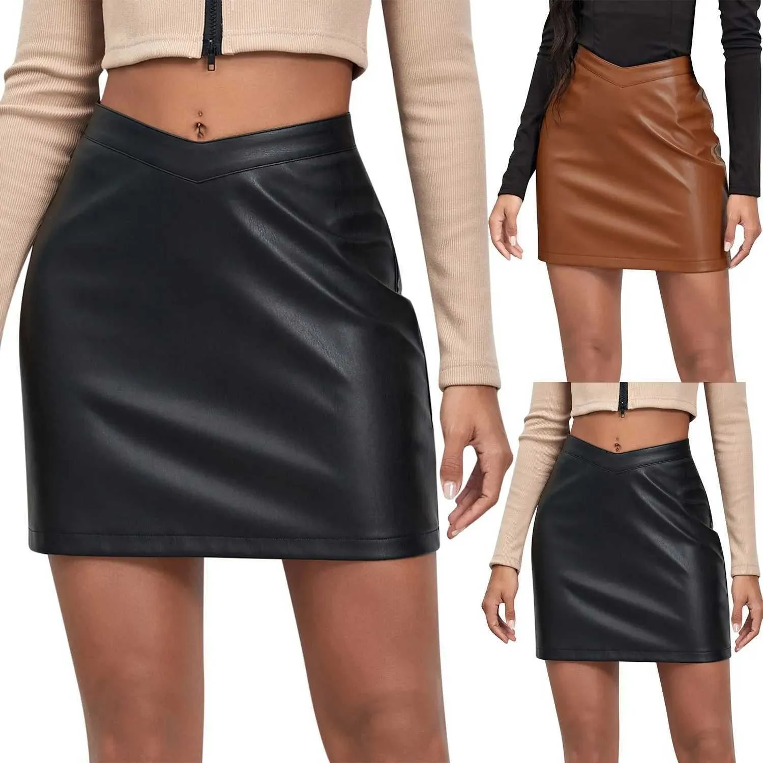 التنانير التنانير للنساء 2023 Womens Pu Leather Skirt Fashion v Weist Open Shipper Skirt Scidental Skirt Woman Skirt Y240420