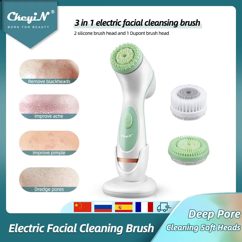 Époublants Ckeyin 3 en 1 électrique nettoyage pour le visage brosse silicone rotatif Brosse de nettoyage en profondeur Péliers de pelage du nettoyant Exfoliation 50