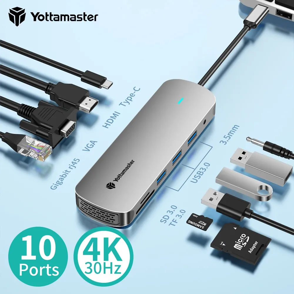 Hubs Yottamaster USB C Hub Tipo C a 10 Gbps USB 3.1 Adattatore USB3.1/RJ45/SD/TF Dock multifonction per MacBook Air M1 M2 Slitter