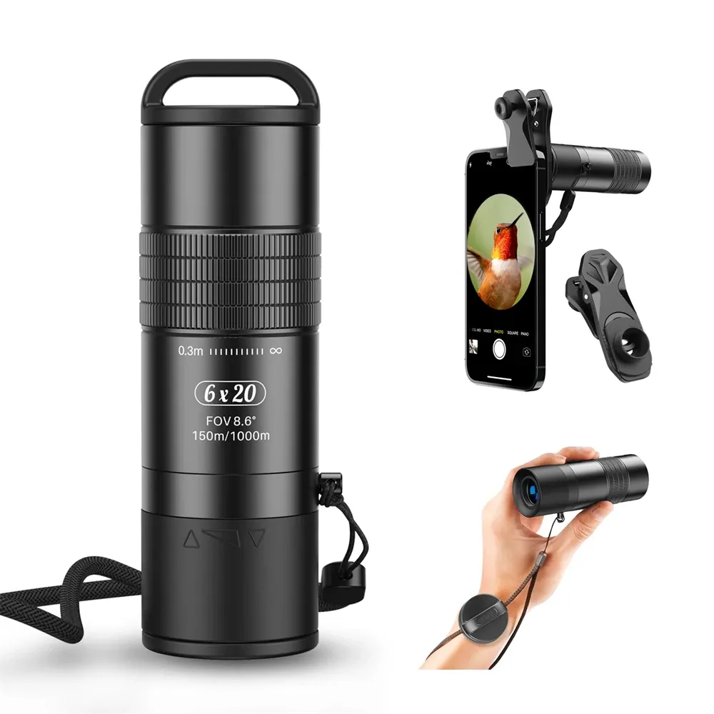 Telescópios Apexel 6x20 HD Telescópio monocular com adaptador de smartphone Bak4 Prism FMC lente para caçar viagens de caminhada