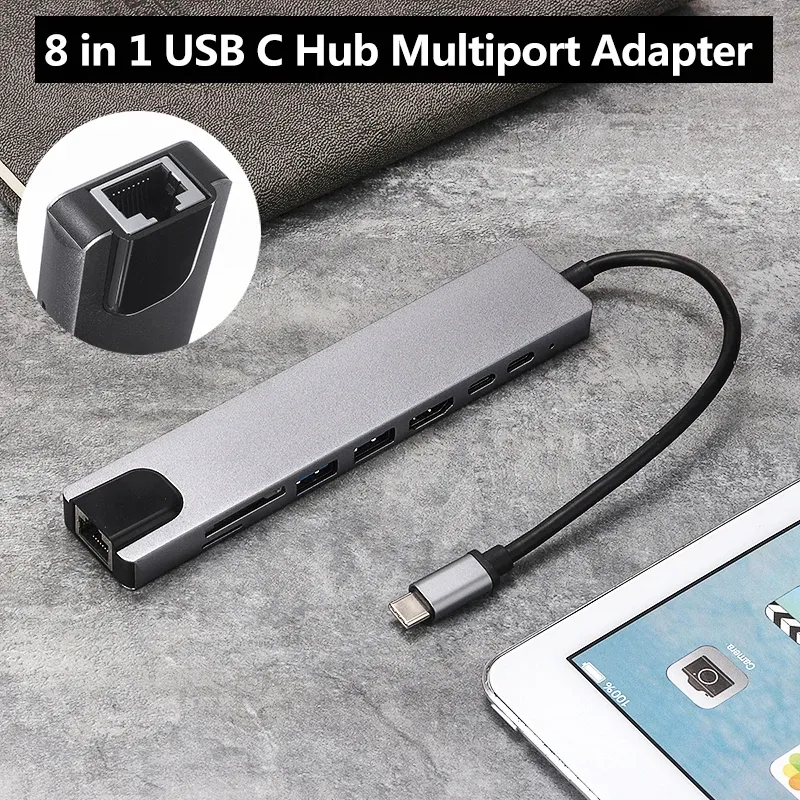 Nav USB -nav till USB 3.0 Kvinnlig 4K HDMicompatible 8 i 1 portar Adapter Multifunktion Ethernet Dongle Network Connector för MacBook