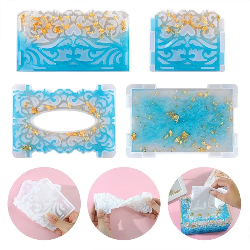 Equipments DIY Tissue Box Crystal Epoxy Resin Mold Pumping Tray Mold Hollow Pattern Storage Car Tissue Box Silicone Mold