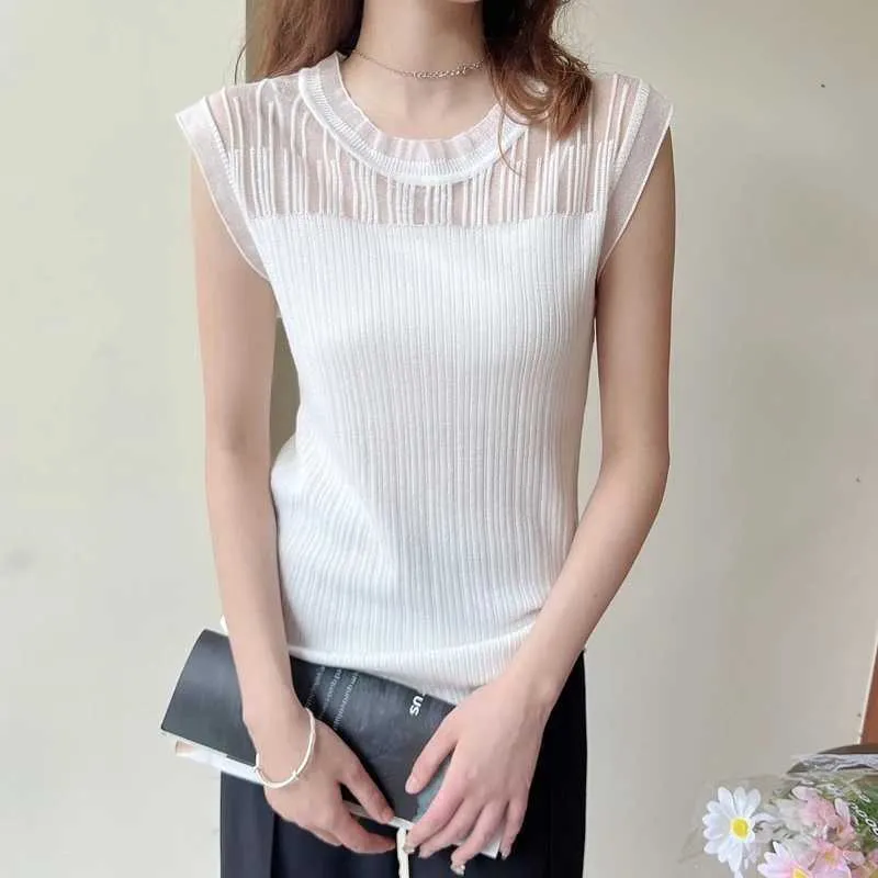 Women's Tanks Camis Ice Silk Short Slve Women T-Shirt Organza Small Fly Slve Lace Short Slve Bottom Shirt Women Tops Y240420