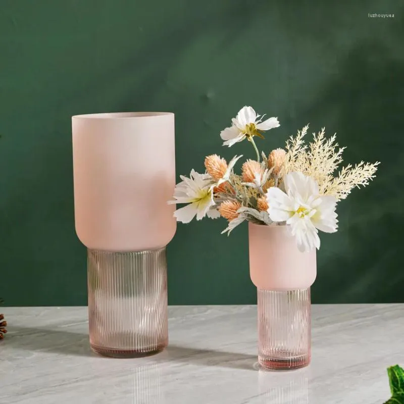 Vasen rosa gefrostete Glas Vase Textur Minimalist Kreative Zylindrische Hydroponic Blumenarrangement Accessoires für die Heimdekoration