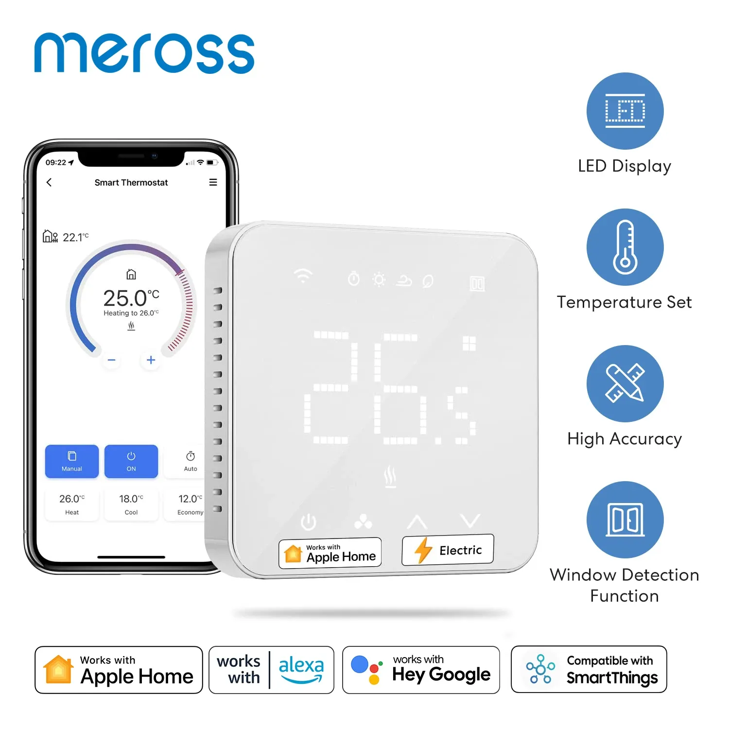 Controle Meross Homekit WiFi Smart Termostato para Sistema de aquecimento elétrico Sistema de touch screen com Siri Alexa Google Assistant