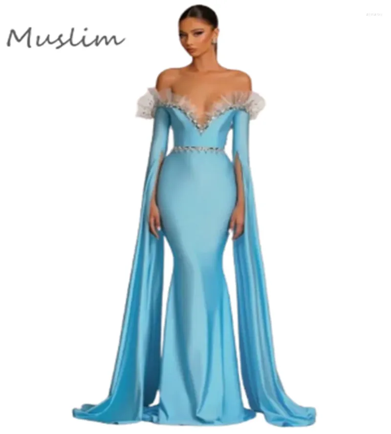Abiti per feste kaftan Morrocan Prom blu con maniche dalle spalle abiti da sera della sirena di strass Dubai Abayas Abito formale 2024