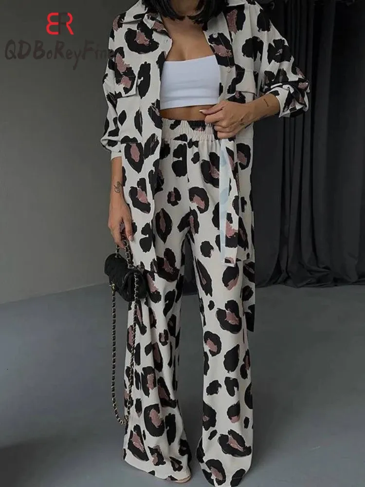 Leopard Tryckt Elegant Womens Set Casual Streetwear Long Sleeve Tops Wide Leg Pants Tracksuit Two Piece Set Womens Outifits 240415
