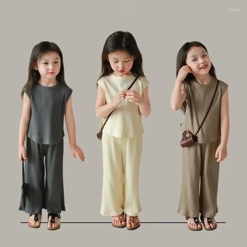 Clothing Sets Girl's Summer Suit Clothes Infant Ice Silk Sleeveless Short T-shirt Wide Leg Pants 2 Pieces Set 1-3 - 5- 7- 8 9 -10 Years