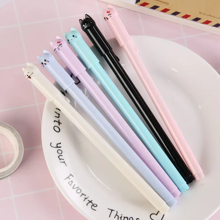 Pens wholesale 60pcs kawaii pen cute pussy cat gel pens for school students kids gift cute stationary mixed colors bulk free shipping