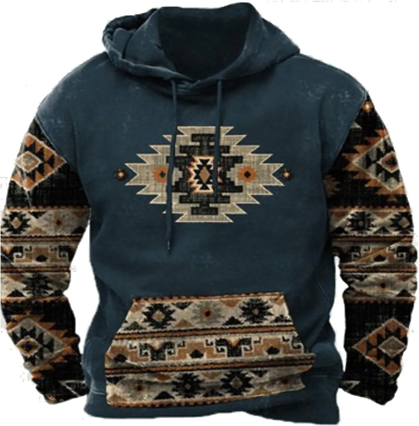 Muscularfit Men's Aztec Print Hoodie - Lightweight Pullover, Western Ethnic Graphic, Slim Fit, Blue, Size 3XL