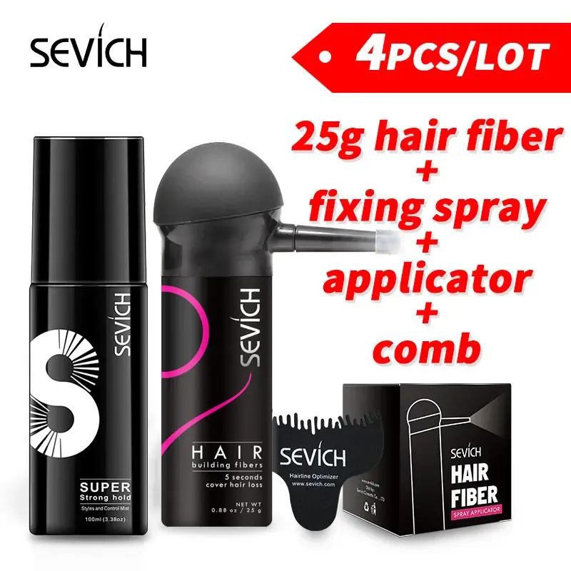 Shampooconditioner pour la perte de cheveux Produit un kit kit 4 pcs Bâtiment de cheveux poudre de fibre 25g Sevich Applicateur Applicateur Pompe à eau Hold Spray Growing Croix