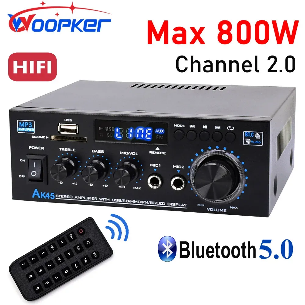 アンプWoopker HifiオーディオアンプAK45 BluetoothデジタルAMPLIFIERS FM BASS SPEAKER FOR HOME CAR SULUPERS 90240V入力