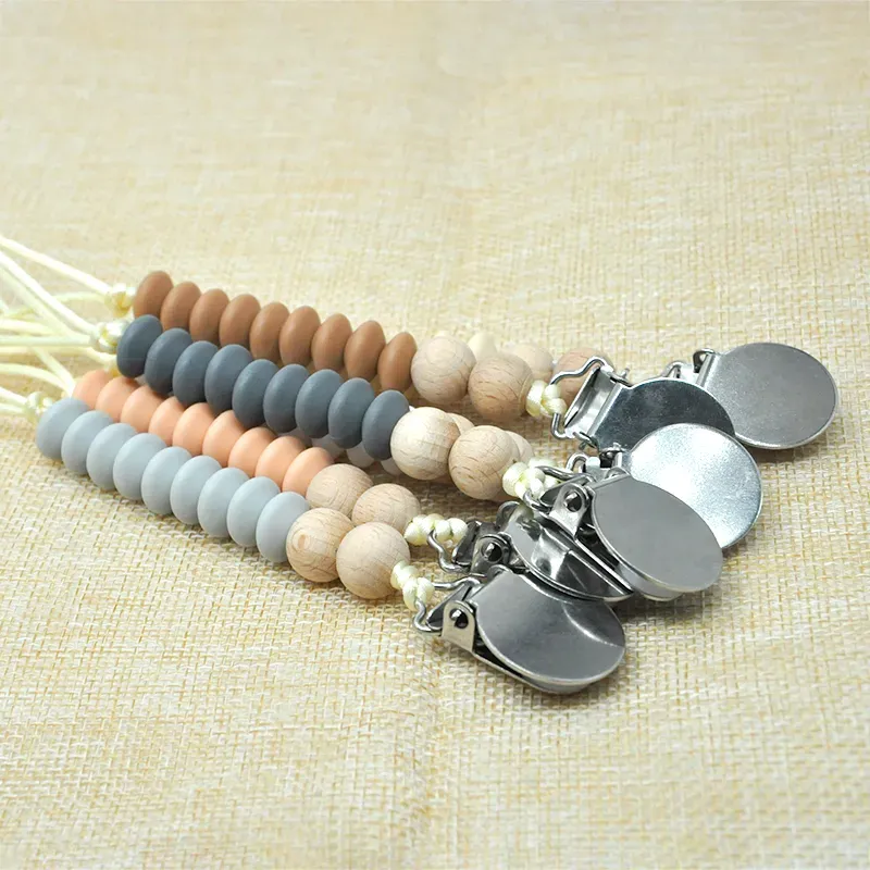 Wooden Silicone Beads Pacifier Clips with Metal Holder Teething Beaded Dummy Clip Pacifier Soother Chain for Infant Toddler