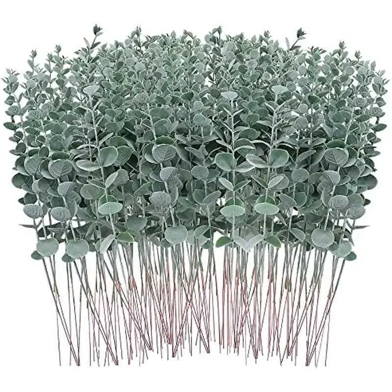 Finto vegetazione floreale 24pcs Eucalipto artificiali steli verdi foglie rami falsi eucalipto per il vaso nozze bouquet home t240422